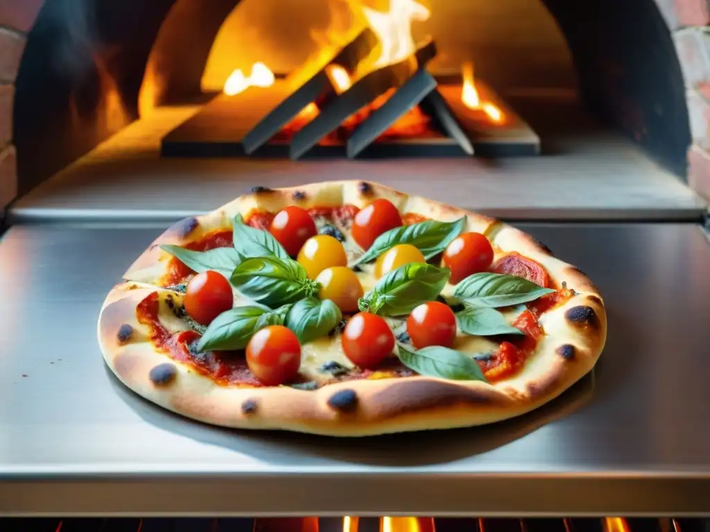 Una deliciosa pizza sin gluten crujiente y sabrosa recién horneada en horno de leña