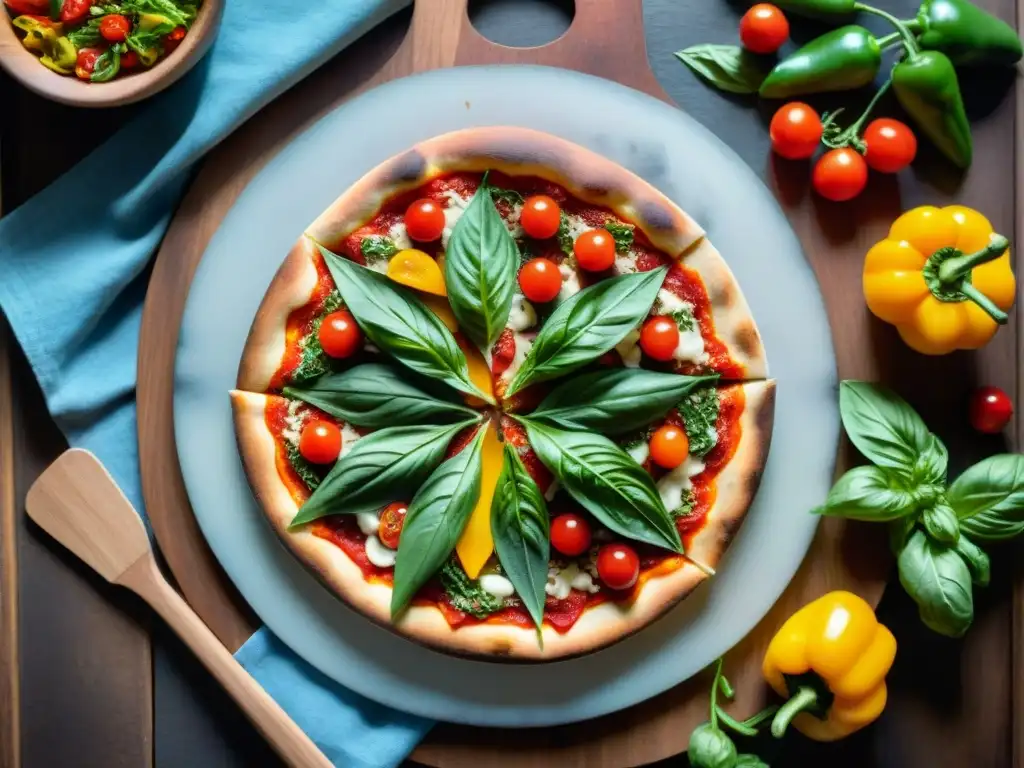 Deliciosa pizza sin gluten innovadora con ingredientes coloridos en un ambiente rústico de cocina