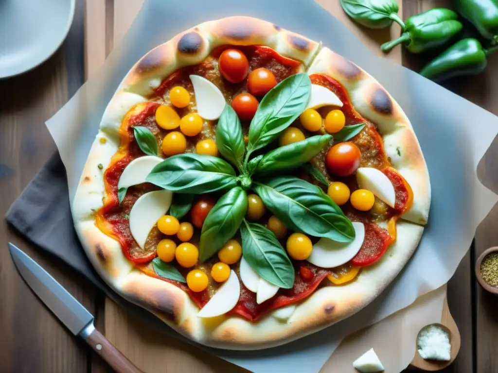 Deliciosa pizza sin gluten con pimientos, tomates, albahaca y queso fundido en una mesa de madera