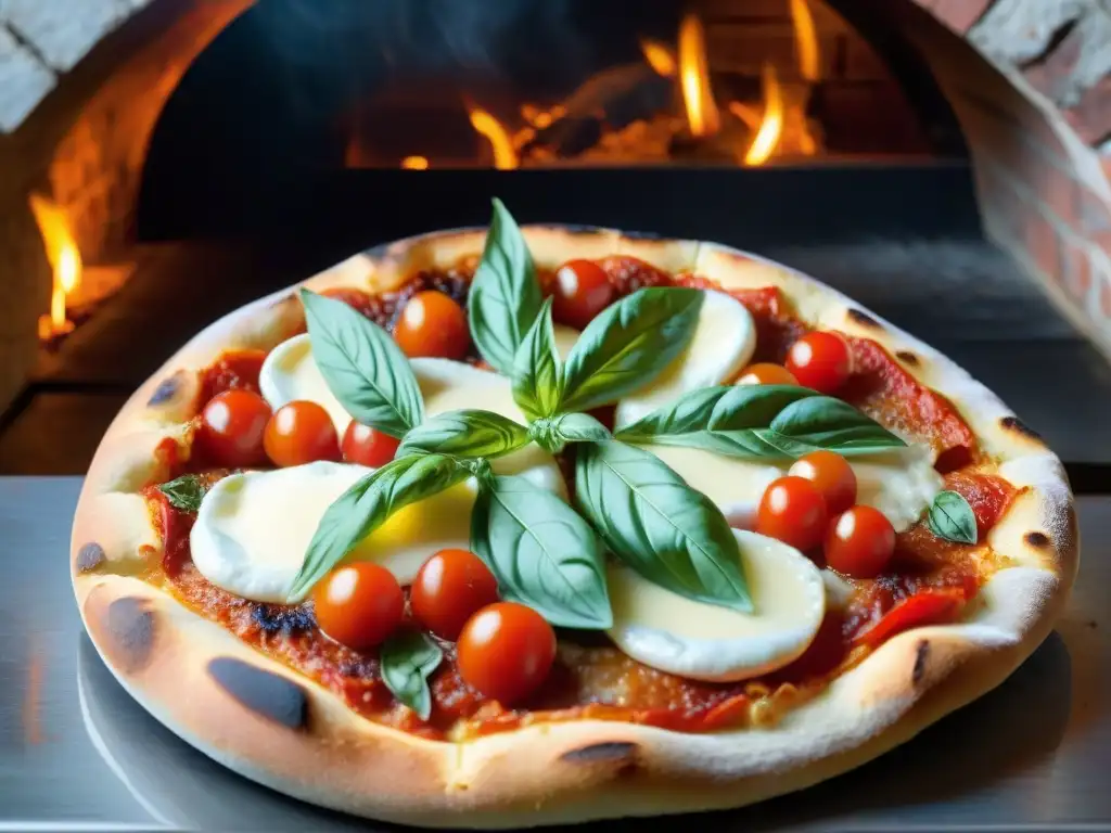 Deliciosa pizza Margherita sin gluten recién horneada en horno de leña, con tomates, mozzarella y albahaca, en ambiente italiano