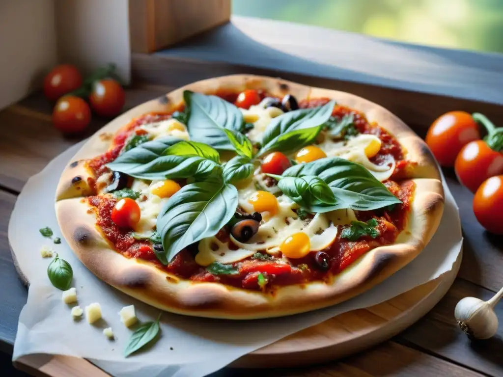 Una deliciosa pizza sin gluten fácil y rápida con ingredientes vibrantes y crujiente corteza dorada en una atmósfera acogedora y soleada