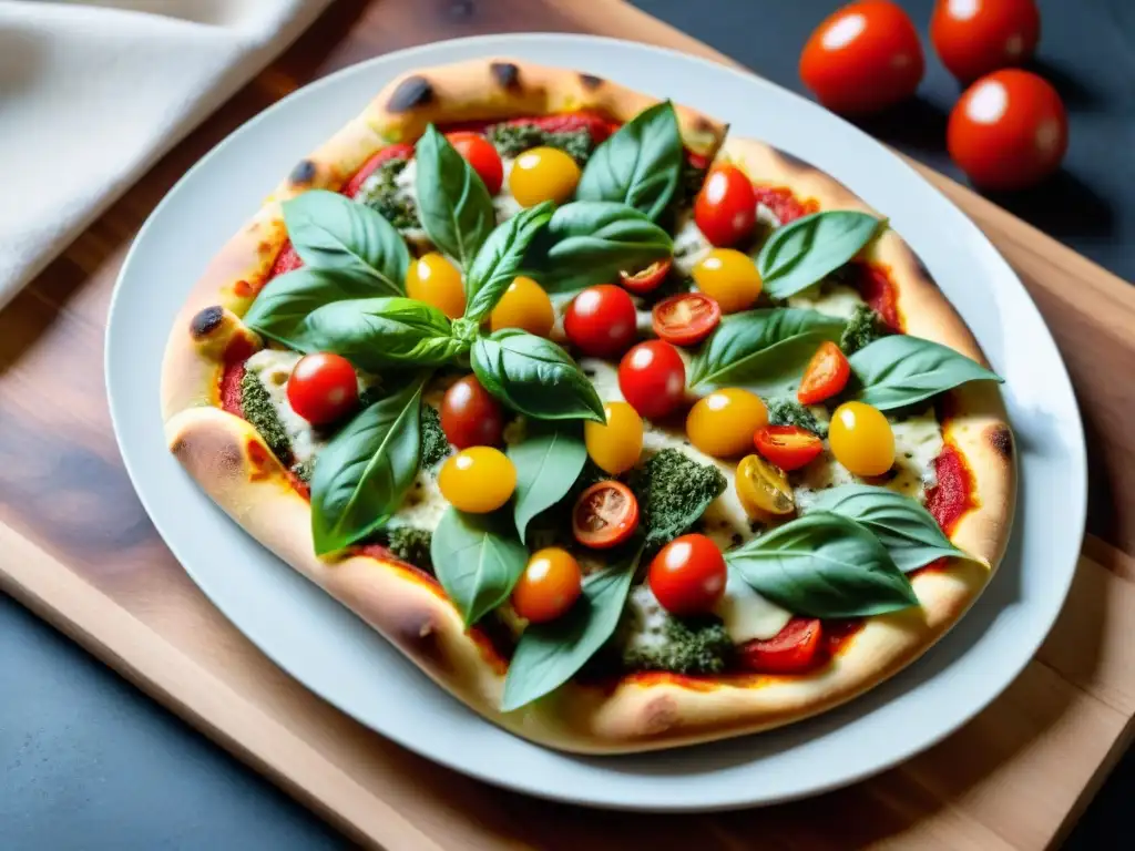 Deliciosa pizza vegana sin gluten con vegetales coloridos y queso derretido, en una mesa de madera rústica