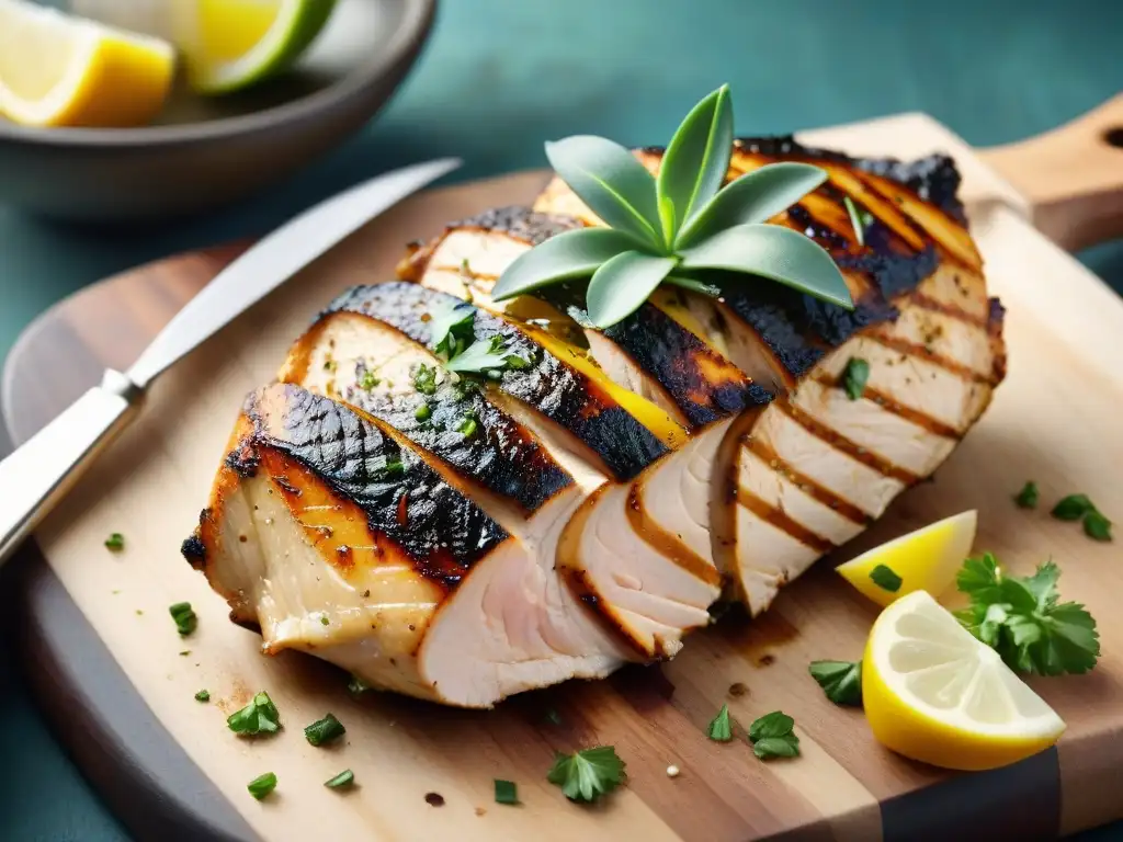 Deliciosa pechuga de pollo a la parrilla, marinada con ingredientes sin gluten, resaltando el arte culinario