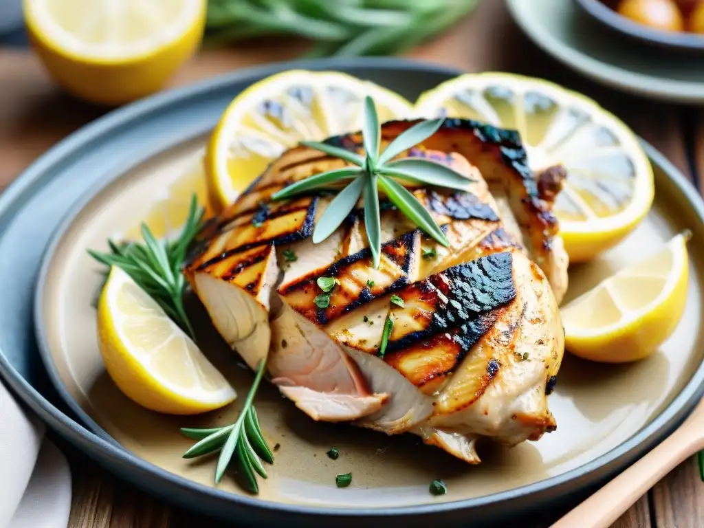 Deliciosa pechuga de pollo a la parrilla con marinados sin gluten sabrosos, acompañada de limón y romero, en ambiente de barbacoa