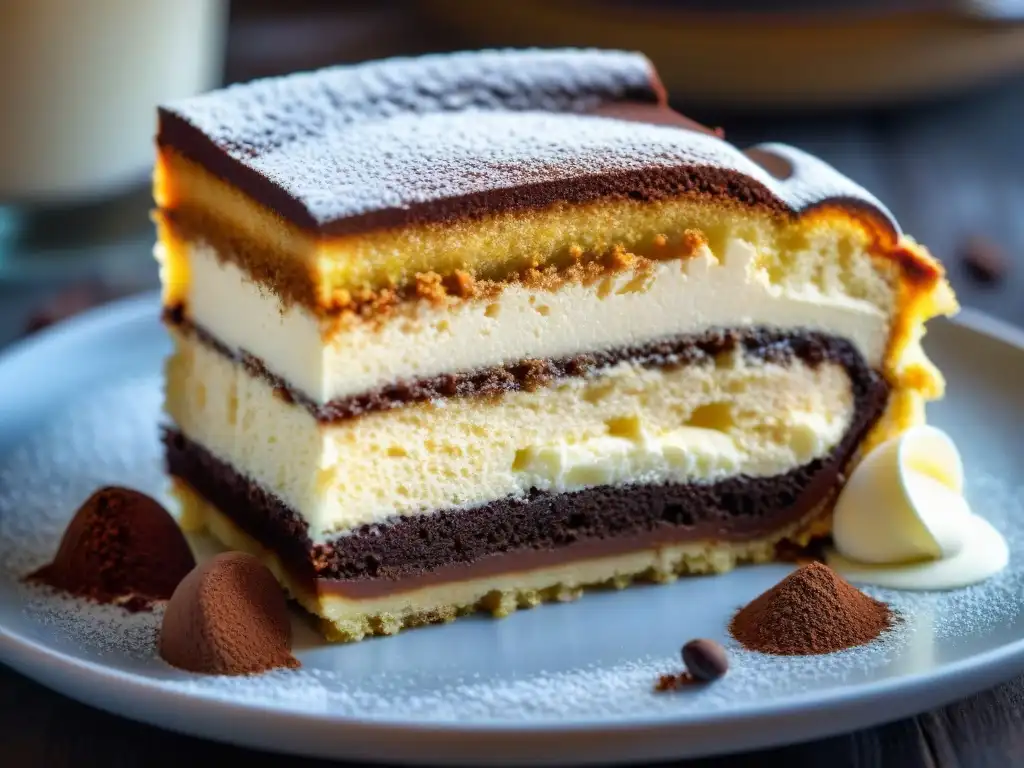 Deliciosa rebanada de tiramisú italiano sin gluten fácil, con capas de bizcochos empapados en café, mascarpone cremoso y cacao en polvo