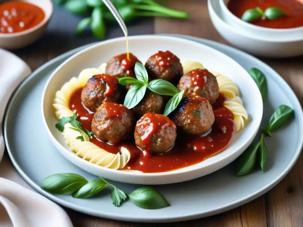 Deliciosa receta de albóndigas sin gluten, bañadas en salsa y hierbas frescas, servidas en un plato de madera rústico en cocina acogedora