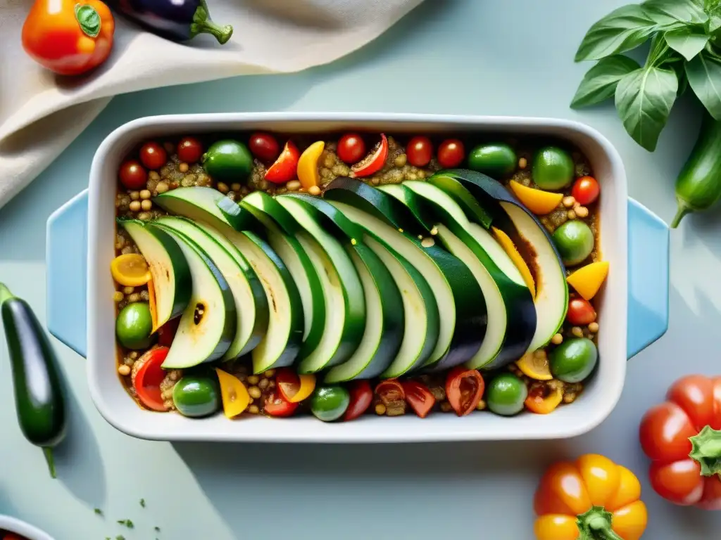 Una deliciosa receta auténtica de ratatouille sin gluten, con coloridas capas de verduras en un plato francés de cerámica