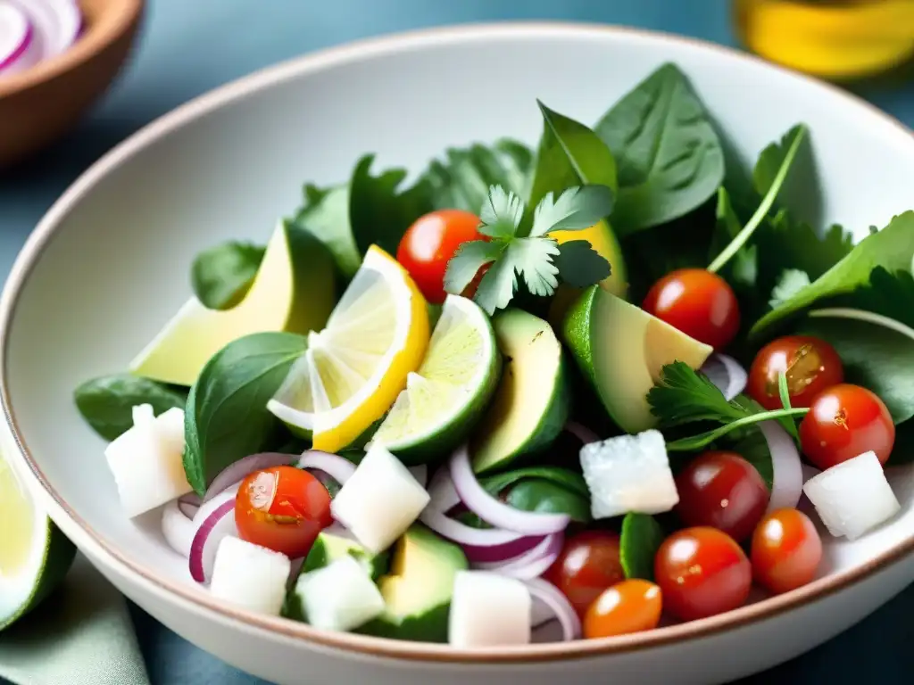 Deliciosa receta ceviche sin gluten con pescado marinado, aguacate, tomate, cebolla, limón y cilantro en presentación vibrante y fresca