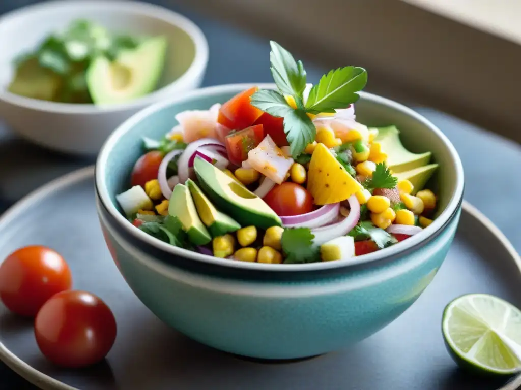 Deliciosa receta ceviche sin gluten: un tazón vibrante con pescado marinado, aguacate, limón y tortillas