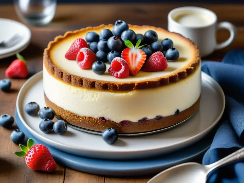 Deliciosa receta cheesecake sin gluten fácil con bayas frescas y crema batida, en mesa rústica