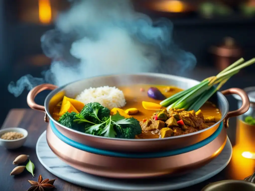 Una deliciosa receta de cocina india sin gluten, con verduras y especias en un colorido guiso en una olla de cobre