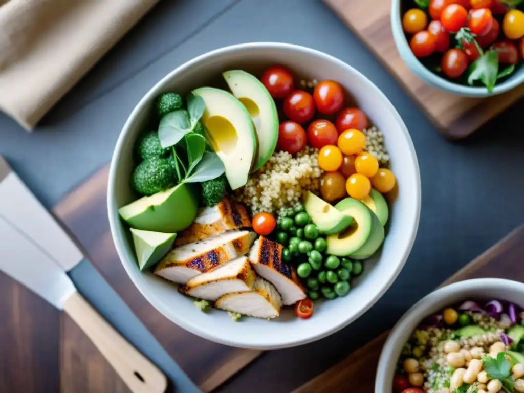 Deliciosa receta de comida rápida sin gluten: ensalada de quinua vibrante con vegetales frescos, pollo a la parrilla y aguacate en un bol cerámico sobre mesa de madera rústica