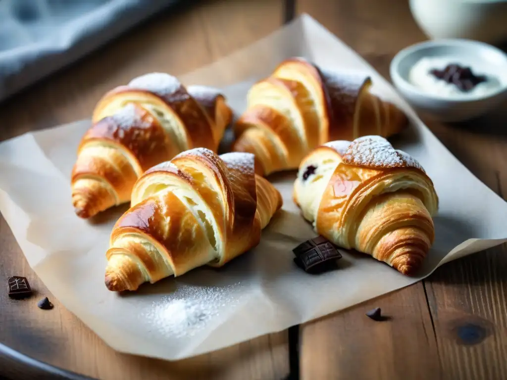 Deliciosa receta croissants sin gluten en mesa rústica, con croissants recién horneados y rellenos de chocolate y compota de frutos rojos