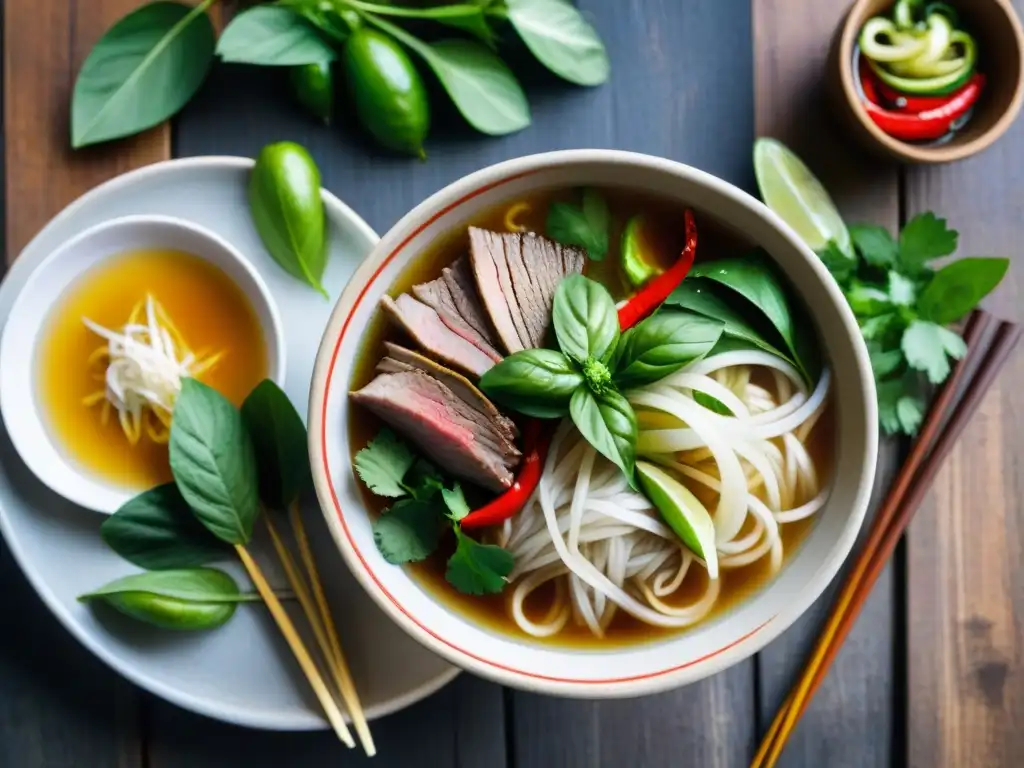 Deliciosa receta pho sin gluten de Vietnam: cuenco humeante con fideos de arroz, ternera y hierbas frescas, sobre mesa de madera rústica