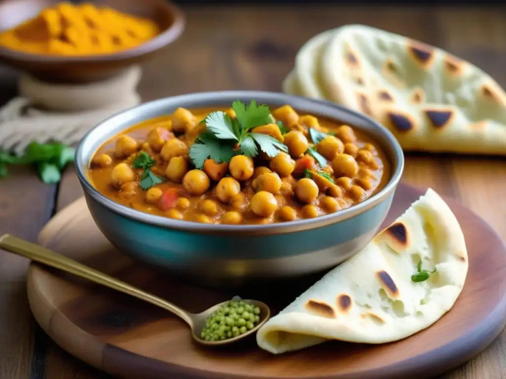 Una deliciosa receta de curry de garbanzos sin gluten, con naan y cilantro fresco en una acogedora cocina