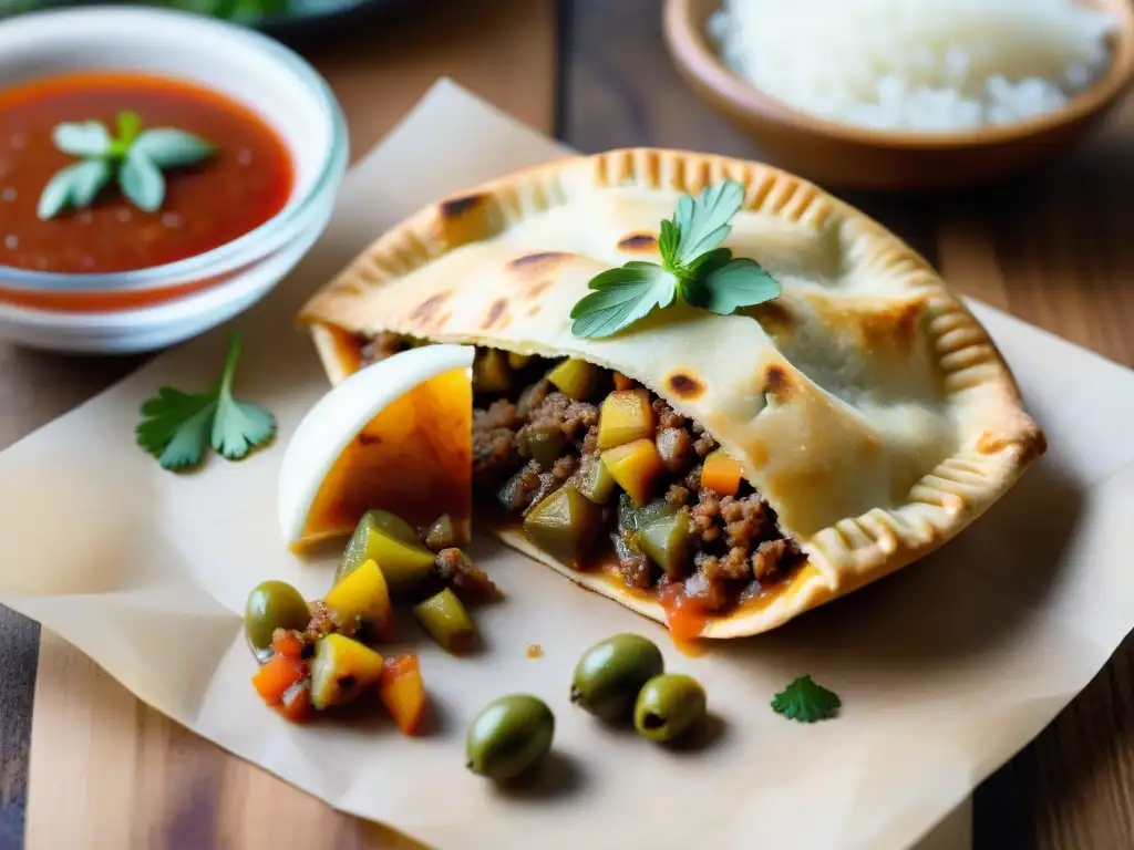 Deliciosa receta de empanadas sin gluten perfectas: empanada dorada con miel, salsa fresca y cilantro en mesa rústica