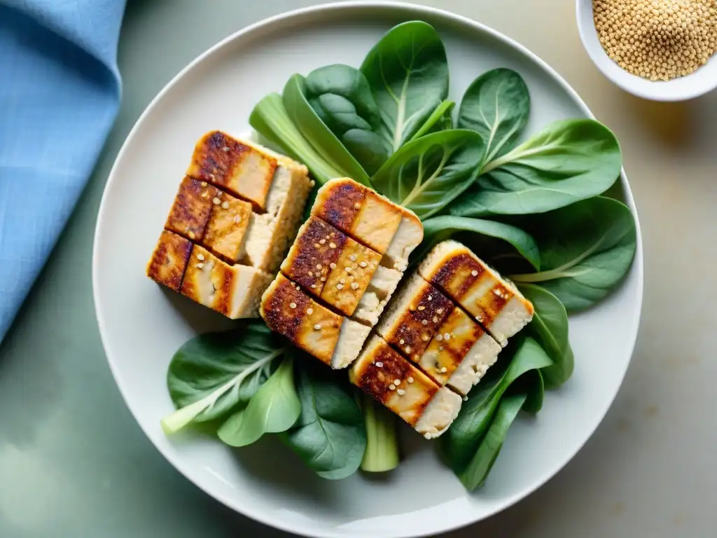 Deliciosa receta fácil de tempeh sin gluten, con tempeh dorado y crujiente sobre una cama de hojas verdes vibrantes