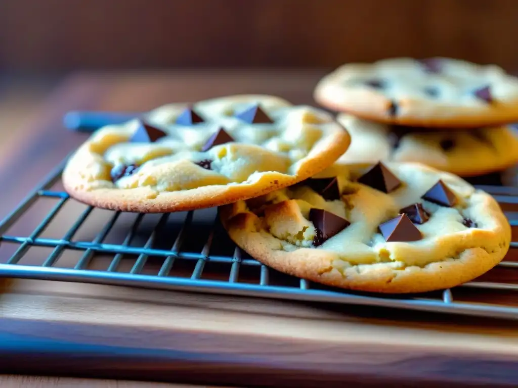 Deliciosa receta galletas sin gluten fácil: Cookies de chocolate recién horneadas sobre rejilla de madera, crujientes y doradas