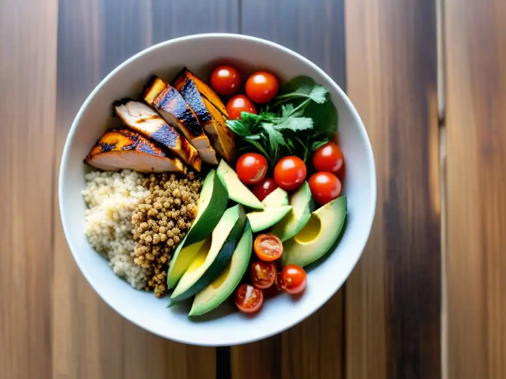 Deliciosa receta sin gluten alta en proteínas: Buddha bowl vibrante con pollo a la parrilla, quinua, aguacate, tomates cherry y batatas asadas