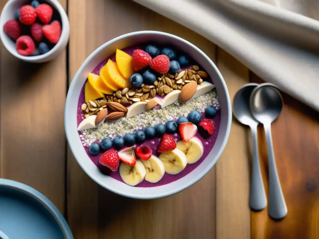 Disfruta visualmente de una deliciosa receta sin gluten para atletas: un vibrante smoothie bowl con frutas frescas y semillas