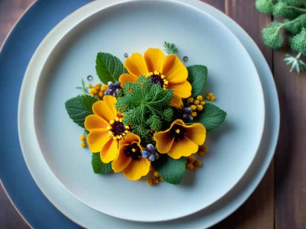 Deliciosa receta sin gluten con autor, plato colorido y detallado, decorado con hierbas frescas y flores comestibles