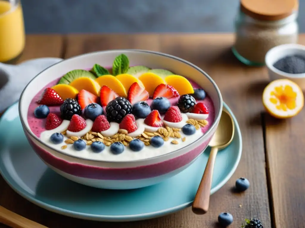 Deliciosa receta sin gluten con avena: bowl de smoothie vibrante y colorido con frutas frescas y semillas de chía en una cocina soleada