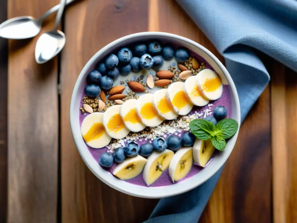 Deliciosa receta sin gluten: bowl de smoothie con arándanos, almendras y miel en mesa de madera