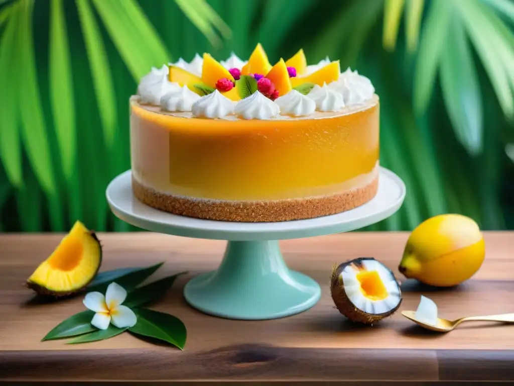 Deliciosa receta sin gluten con coco: exquisita torta decorada con frutas tropicales y flores comestibles en una mesa rústica bajo hojas de palma