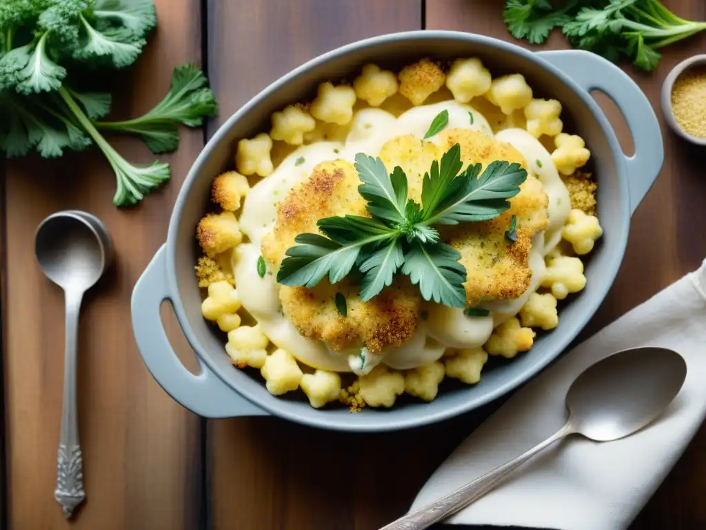Deliciosa receta sin gluten de coliflor gratinada, con queso derretido y pan rallado, lista para saborear en una mesa rústica