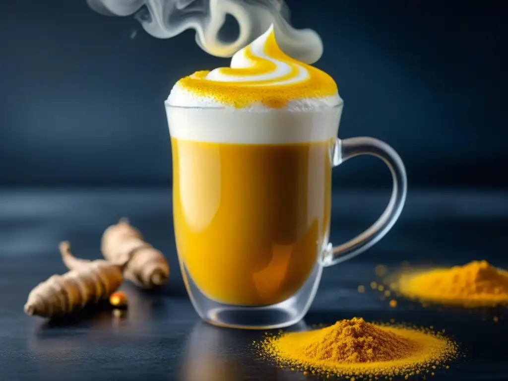 Deliciosa receta sin gluten con cúrcuma: latte dorado vertido en vaso transparente, vapor y polvo amarillo