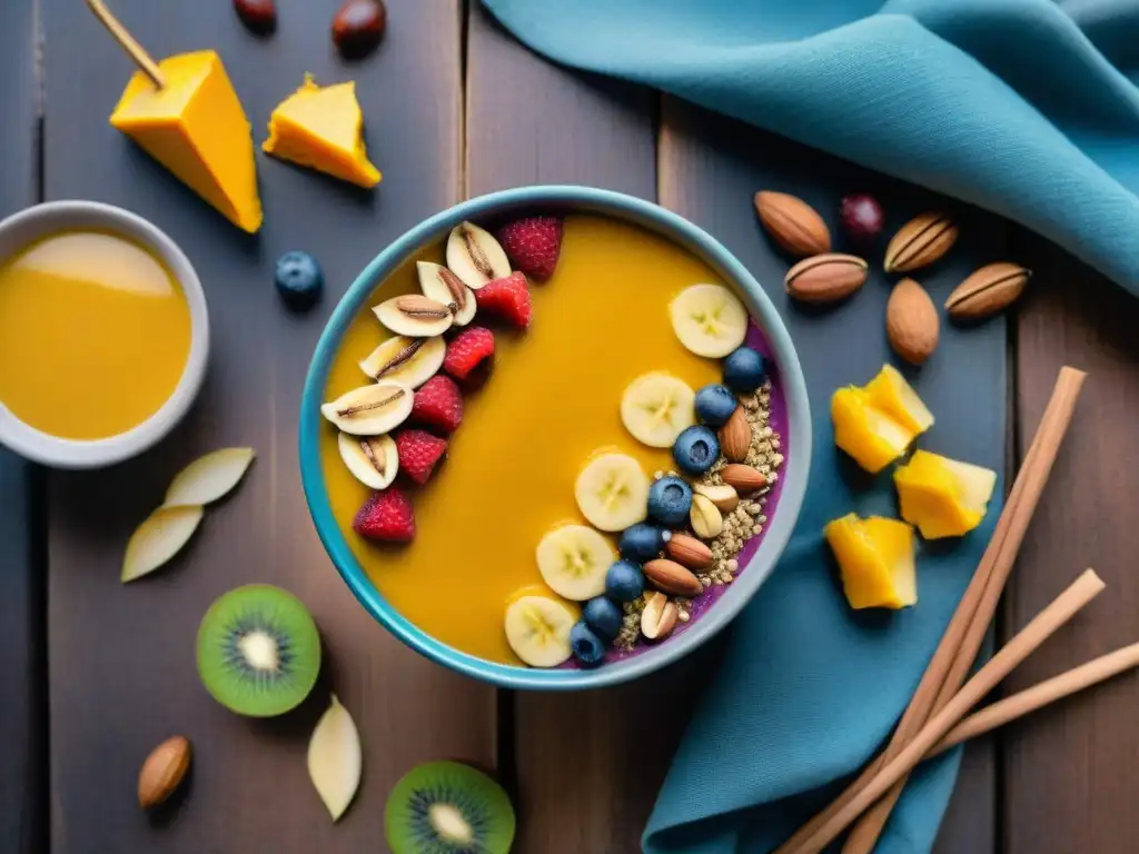 Deliciosa receta sin gluten con cúrcuma: un vibrante bowl lleno de color, frutas frescas, nueces y semillas