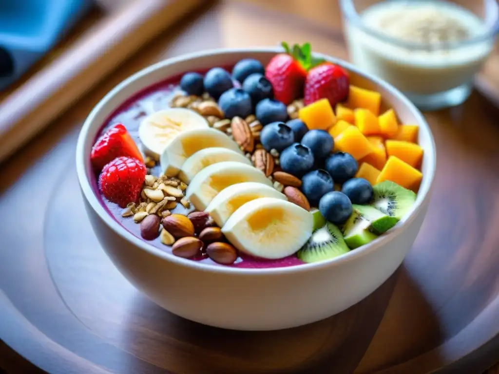 Deliciosa receta sin gluten para deportistas: bowl vibrante con frutas, frutos secos y semillas en un gimnasio