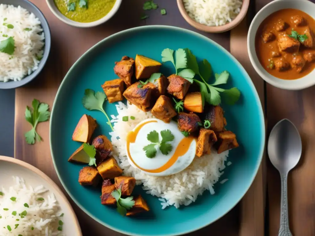 Deliciosa receta sin gluten con especias: exquisito pollo tikka masala con vibrantes colores y guarniciones, sobre mesa de madera rústica