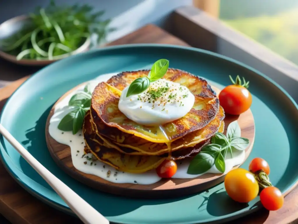 Deliciosa receta sin gluten estilo suizo: Rösti crujiente con crema agria sin lácteos y tomates heirloom