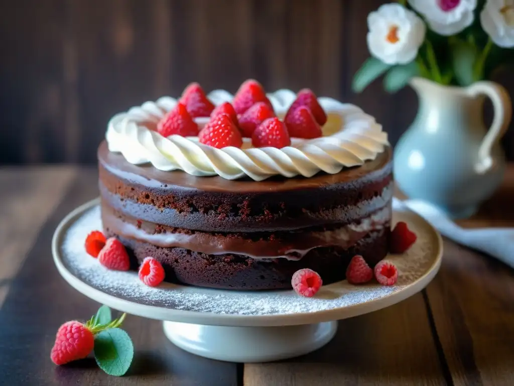 Deliciosa receta sin gluten para hornear: exquisito pastel de chocolate decorado con frambuesas frescas y flores comestibles, sobre mesa rústica