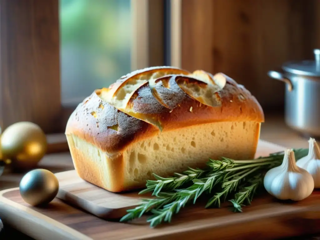 Deliciosa receta sin gluten fermentada latina: pan de masa madre recién horneado en tabla de madera rústica