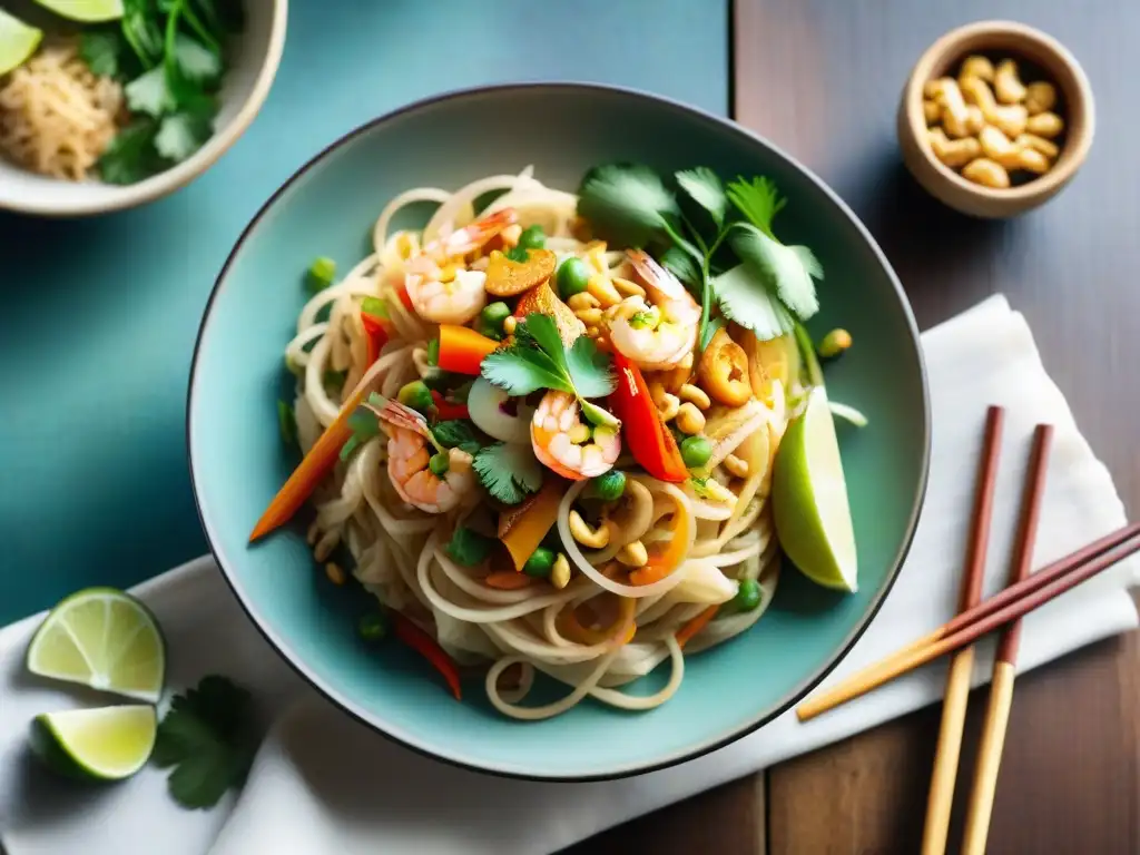 Una deliciosa receta Pad Thai sin gluten con fideos, vegetales frescos, camarones y maní, listo para saborear, en una mesa rústica