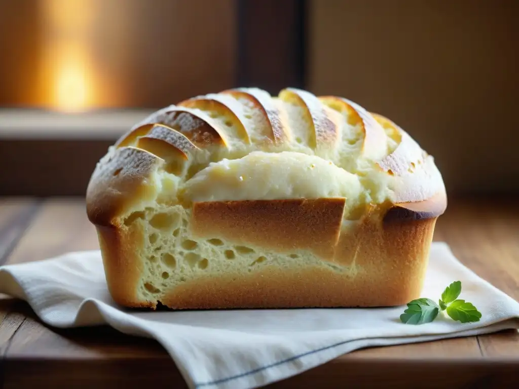 Deliciosa receta sin gluten con tapioca: pan recién horneado en una encimera de madera rústica, con vapor y corteza dorada