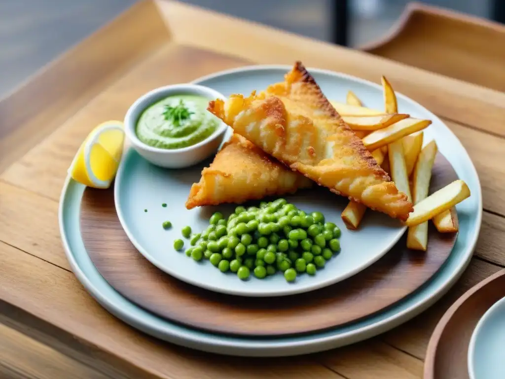 Una deliciosa receta sin gluten innovadora de fish and chips con guisantes, presentada de forma elegante en plato blanco sobre mesa de madera rústica