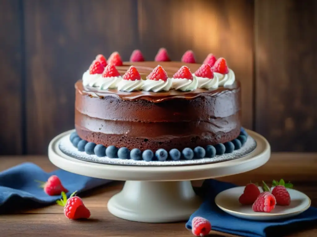 Deliciosa receta sin gluten para hornear: pastel de chocolate decorado con frambuesas frescas y azúcar glass, en una mesa de madera rústica