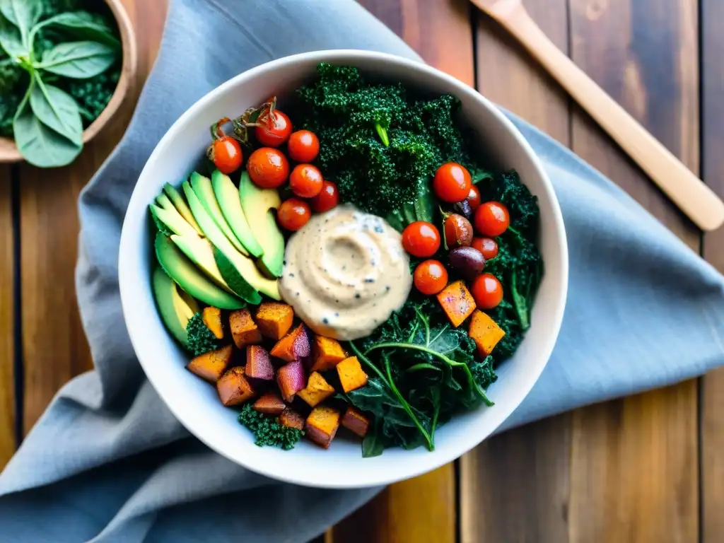 Deliciosa receta sin gluten postentrenamiento vegana: Buddha bowl repleto de quinoa, batata, aguacate y aderezo de tahini, en mesa rústica