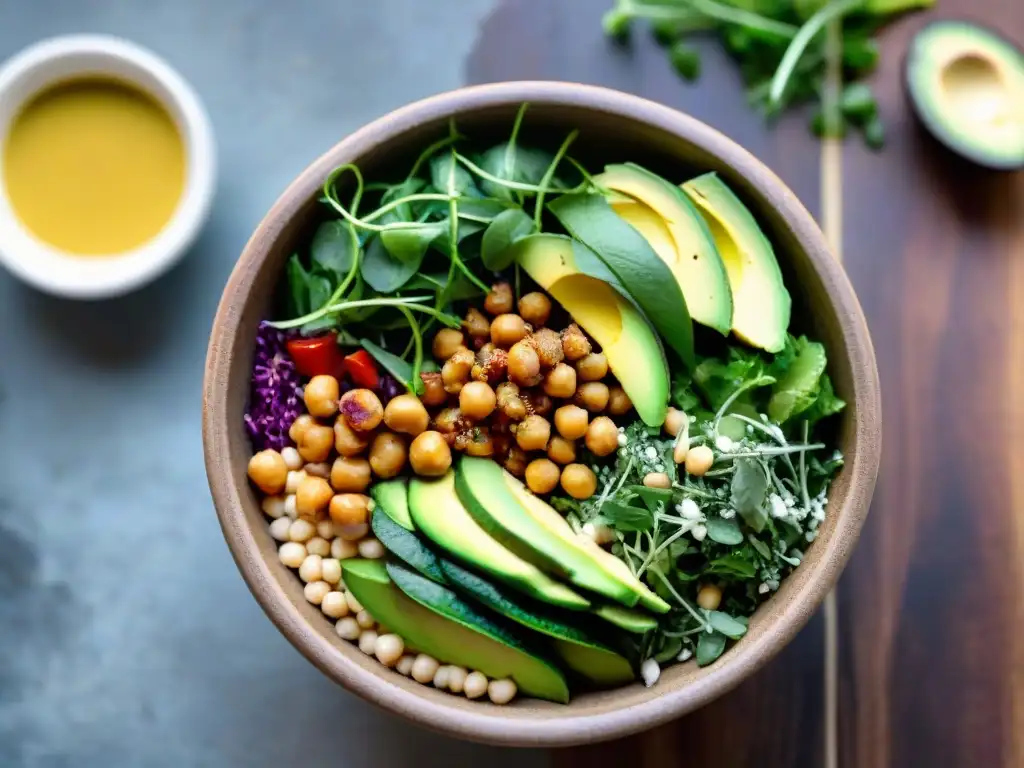 Deliciosa receta sin gluten postentrenamiento: Buddha bowl vegano con quinoa, vegetales asados y aderezo de tahini en mesa rústica