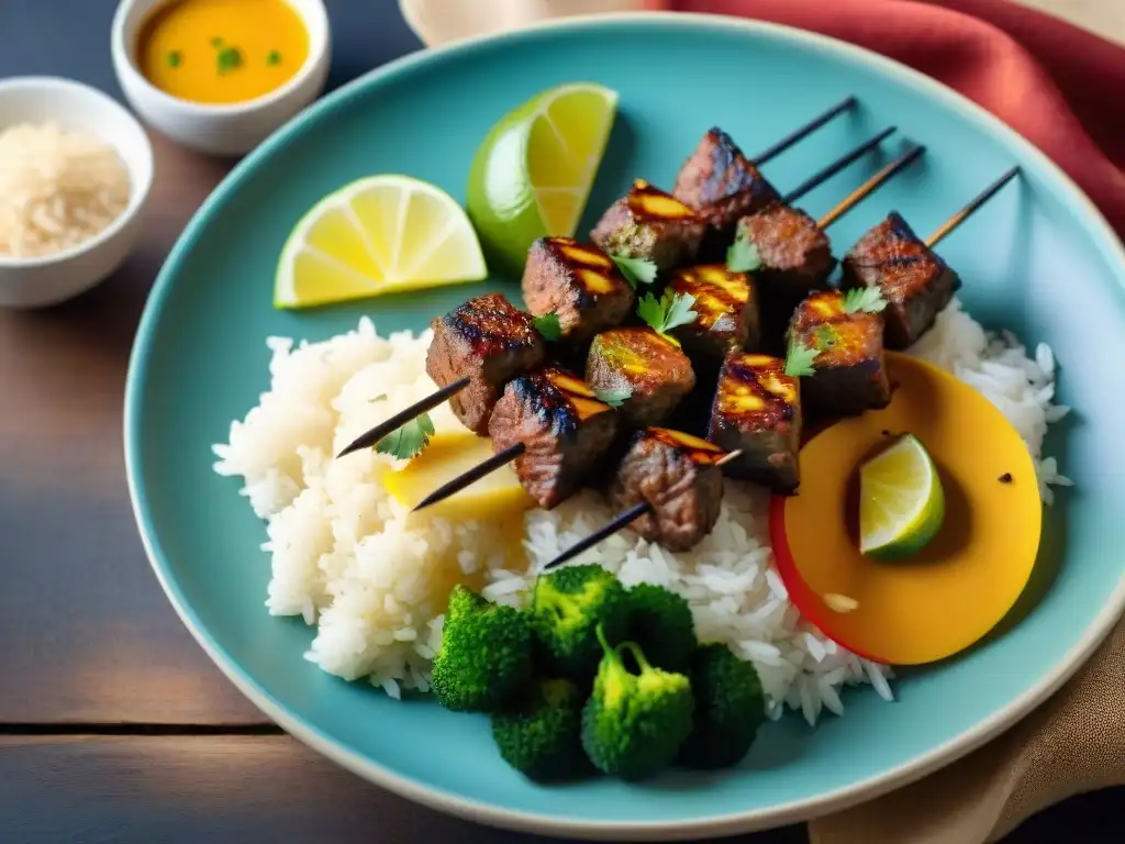 Deliciosa receta kofta egipcia sin gluten, presentada con arroz de azafrán y verduras frescas en tabla rústica