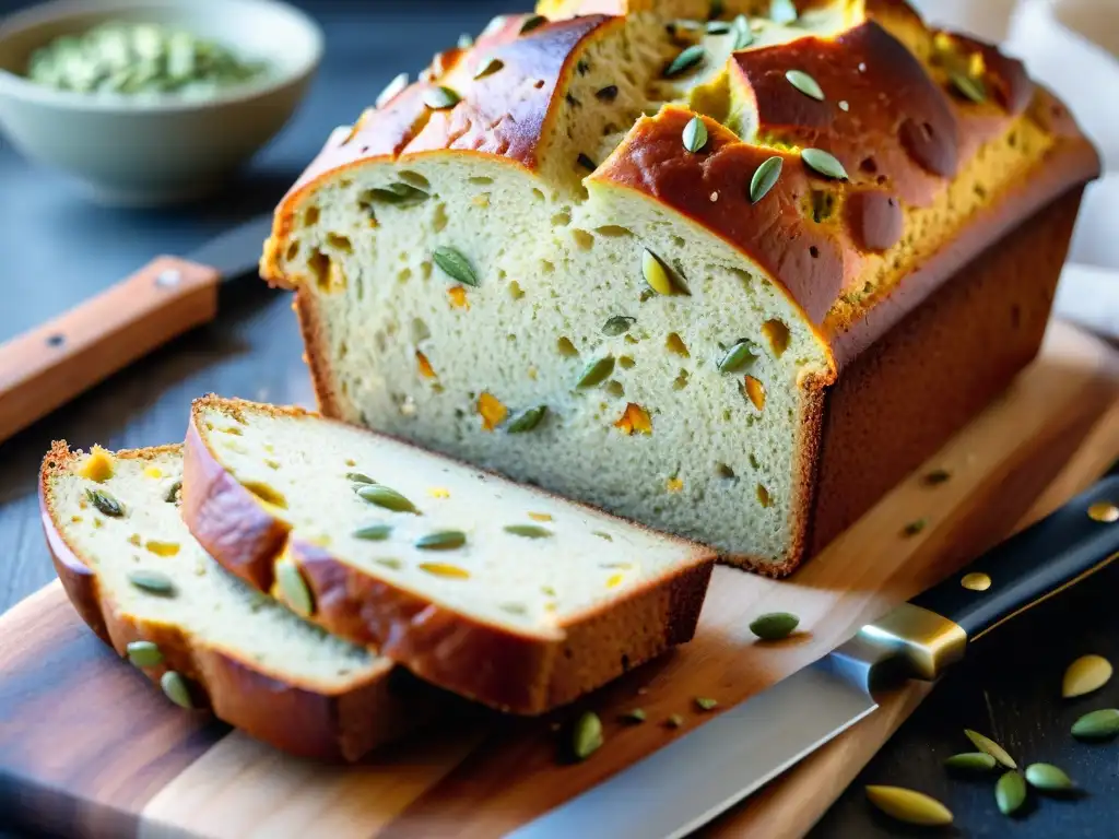 Deliciosa receta sin gluten con semillas de calabaza: pan recién horneado en tabla rústica con semillas y romero fresco