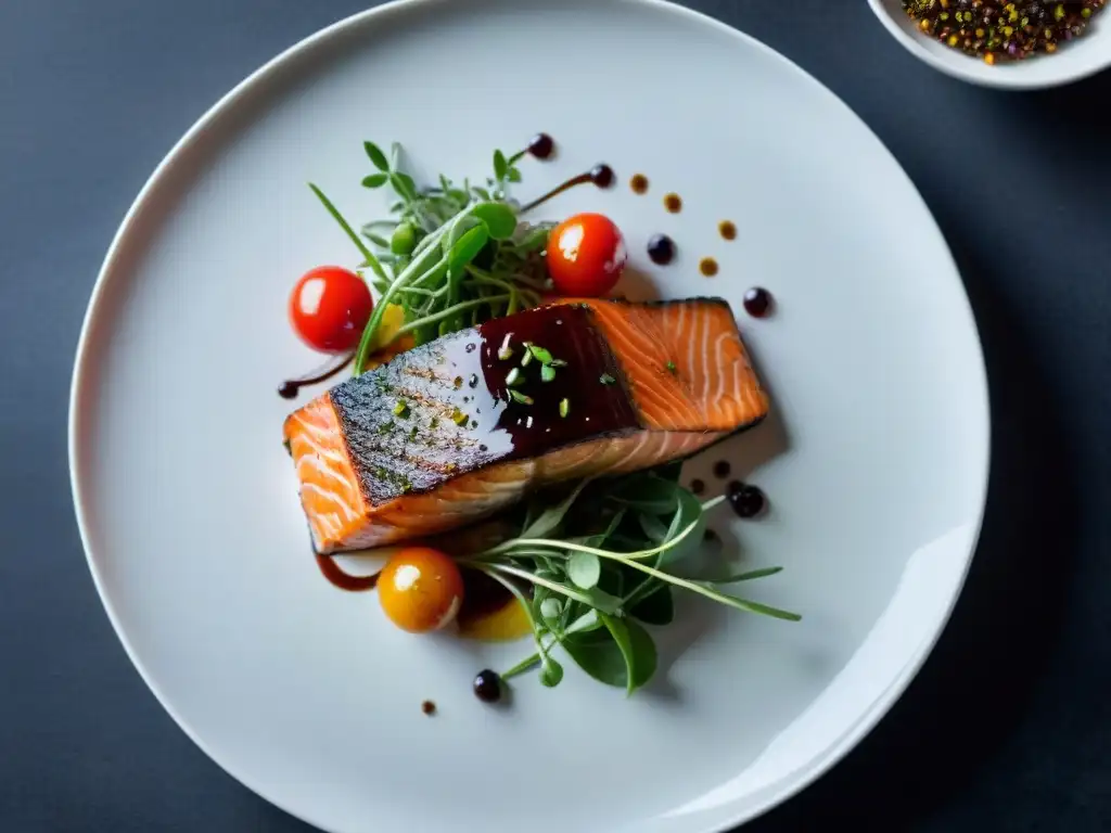 Deliciosa receta sin gluten sous vide: salmón con tomates cherry, microgreens y balsámico en elegante plato blanco sobre mesa de caoba oscura