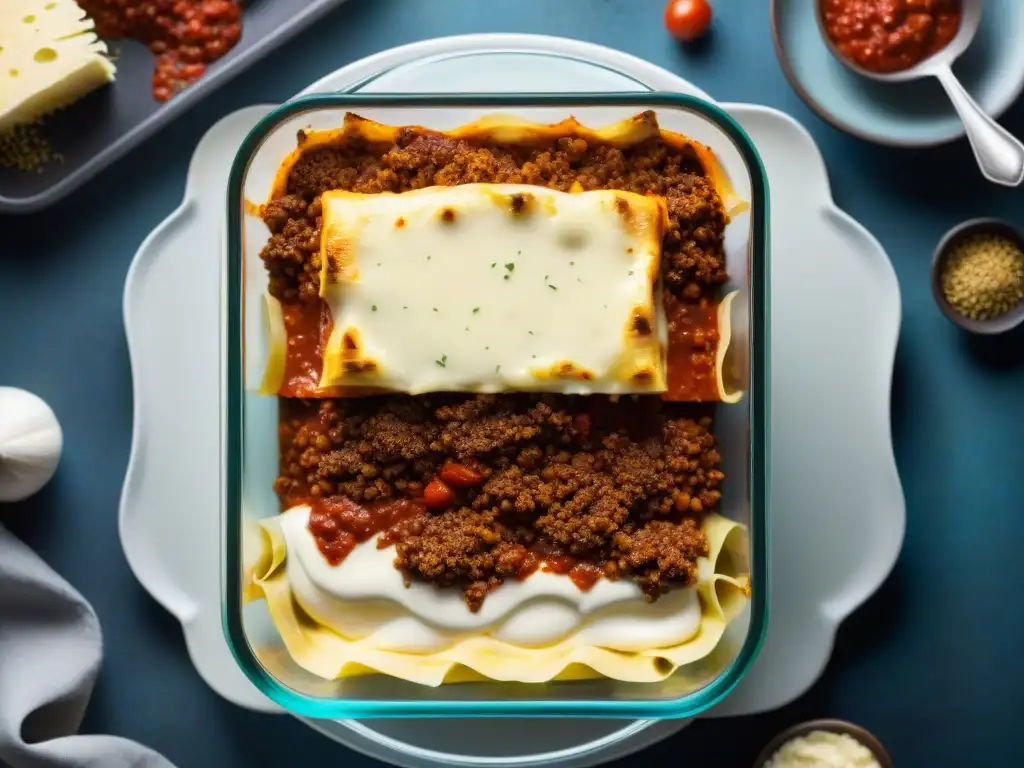 Deliciosa receta de lasaña sin gluten para niños, con capas de ingredientes coloridos y texturas vibrantes en un molde de vidrio transparente