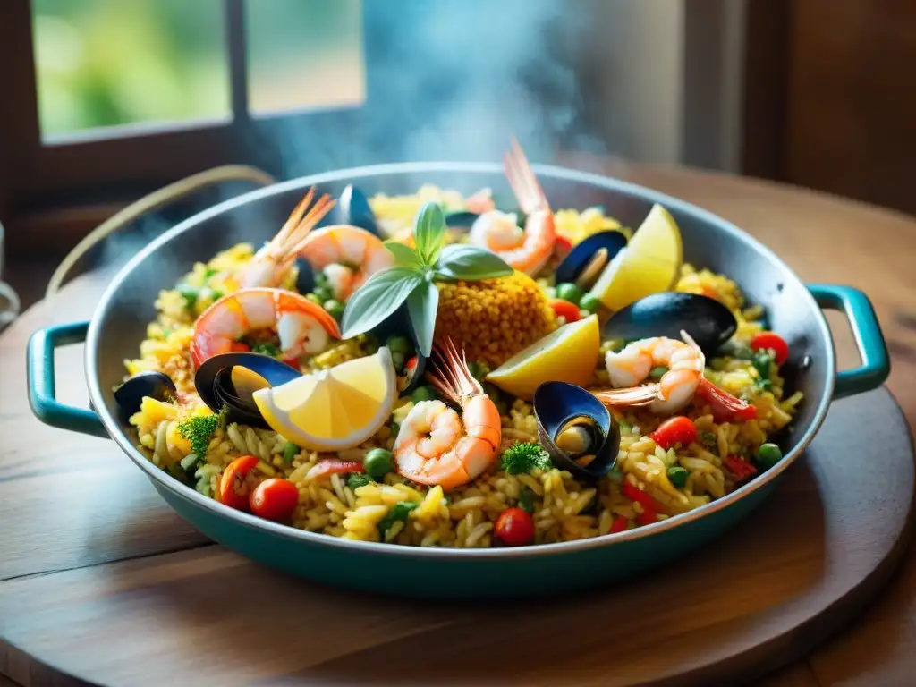 Deliciosa receta paella sin gluten fácil, con ingredientes vibrantes y coloridos en una escena detallada y acogedora