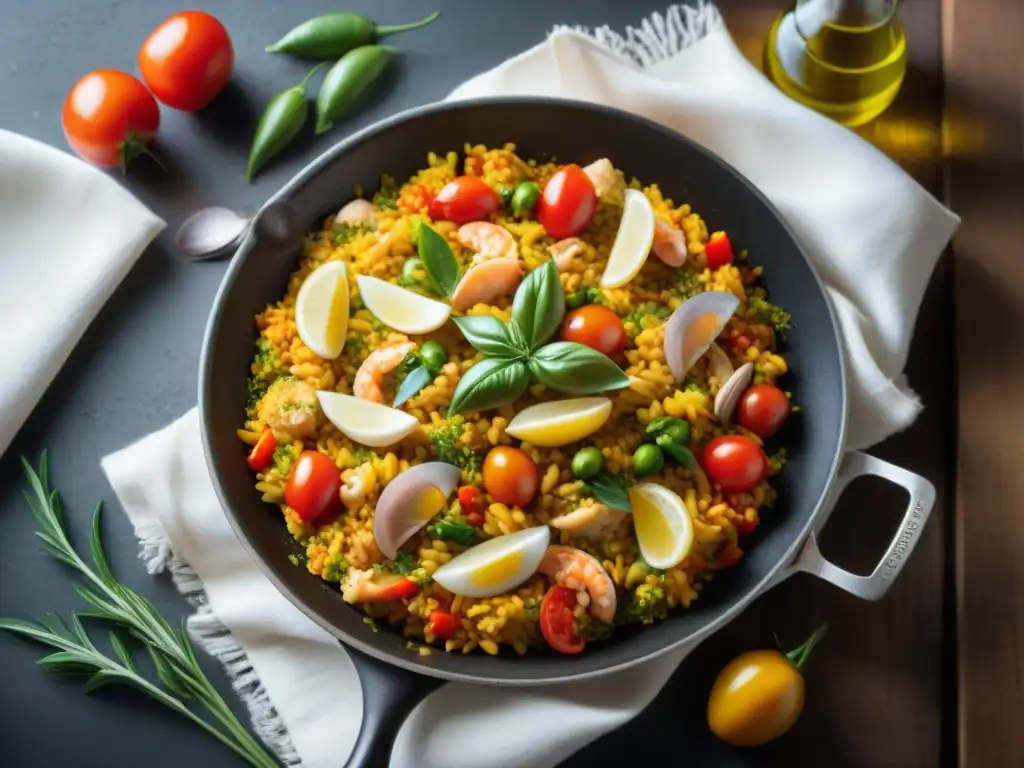 Una deliciosa receta de paella sin gluten fácil, con mariscos, pollo, pimientos y especias, cocinándose en una sartén tradicional española