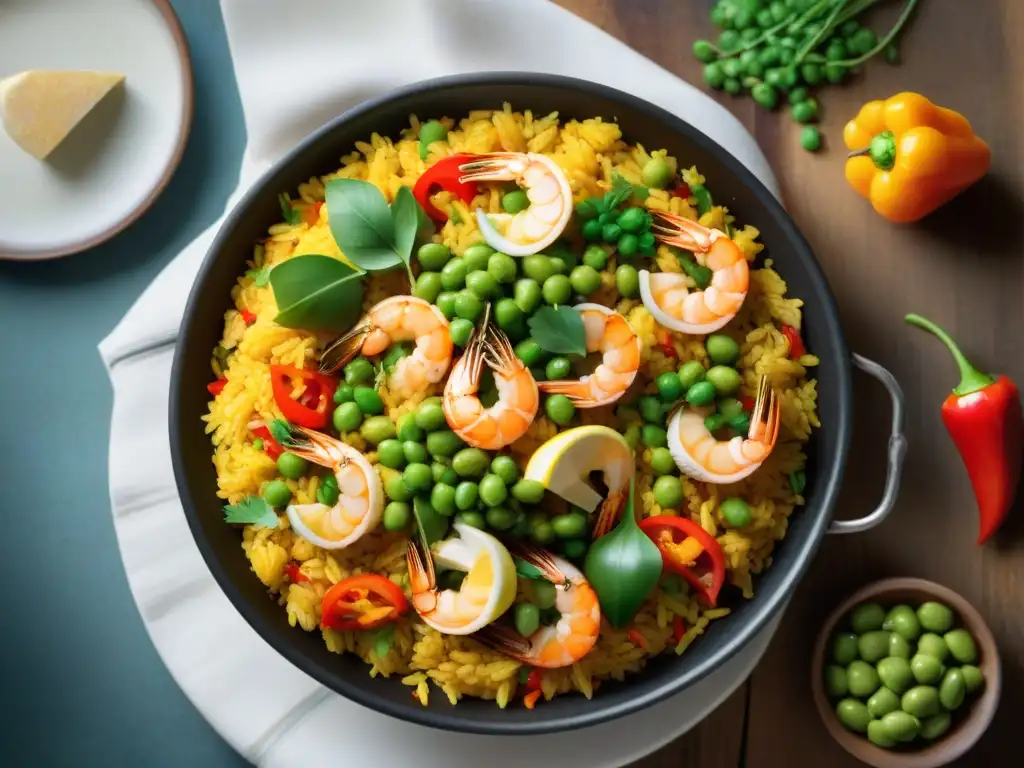 Una deliciosa receta de paella sin gluten fácil, llena de color y sabor, con arroz, camarones, pollo, pimientos y guisantes