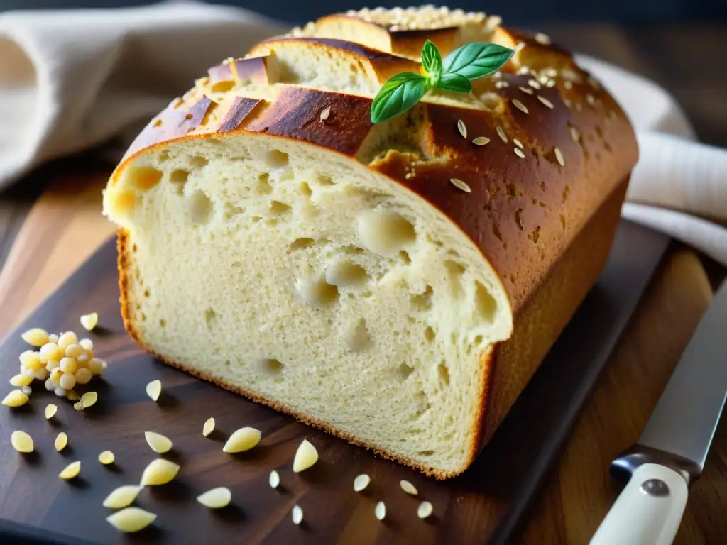 Deliciosa receta de pan de amaranto sin gluten recién horneado en tabla de madera rústica, con costra dorada y semillas de amaranto